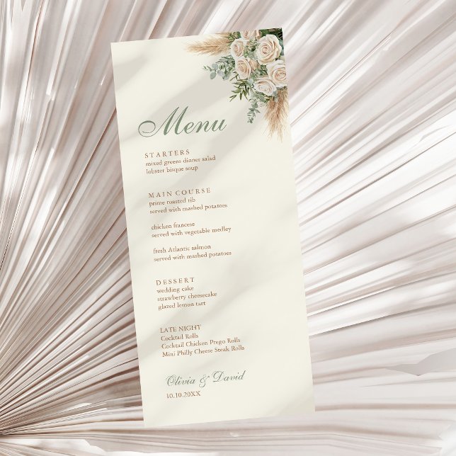 Tarjeta de menú de boda de hierba de Pampas beige  (Elegant Beige Pampas Grass Wedding Menu Card on a neutral dry palm leaf)