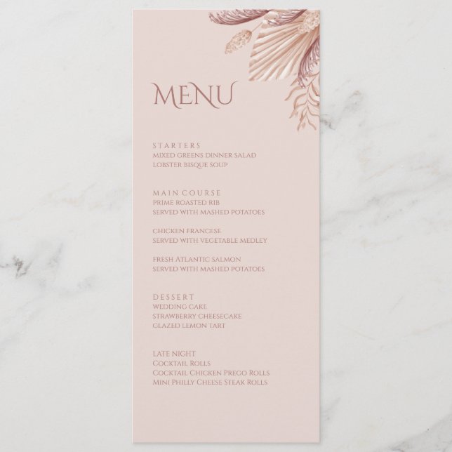 Tarjeta de menú de boda de hierba de Pampas Boho B (Anverso)
