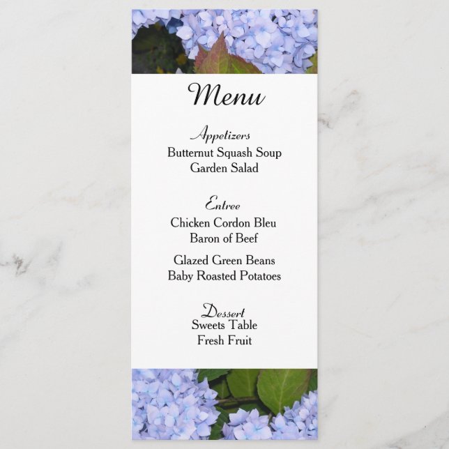Tarjeta de menú de boda de Hortensias Moradas (Anverso)