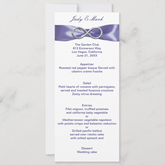 Tarjeta de menú de boda de infinito de plata azul  (Anverso)