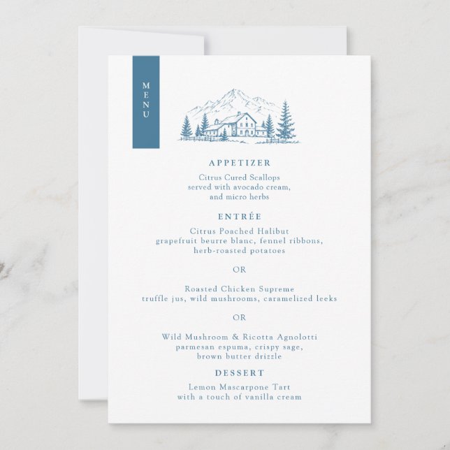 Tarjeta de menú de boda de invierno alpino azul (Anverso)