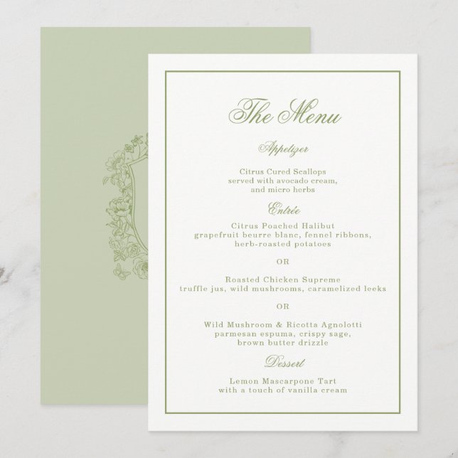 Tarjeta de menú de boda de jardín con cresta de ve (Anverso / Reverso)