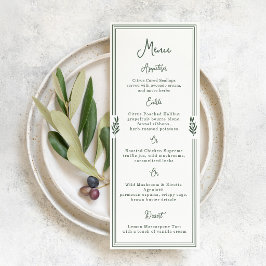 Tarjeta de menú de boda de jardín con rama de oliv