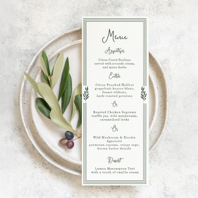 Tarjeta de menú de boda de jardín con rama de oliv (Subido por el creador)