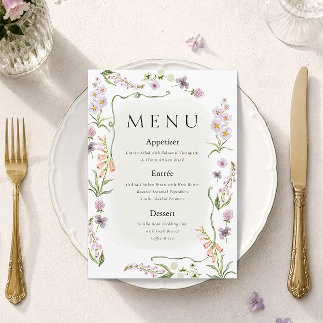 Tarjeta de menú de boda de jardín de flores silves (Subido por el creador)