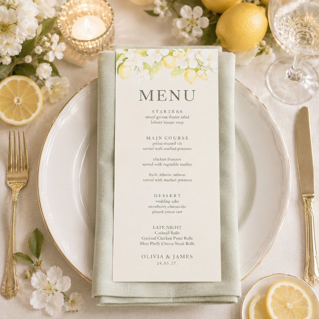 Tarjeta de menú de boda de jardín de marfil con fl (Lemon Blossom Ivory Garden Wedding Menu Card)