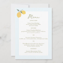 Tarjeta de menú de boda de limón azul costero Amal