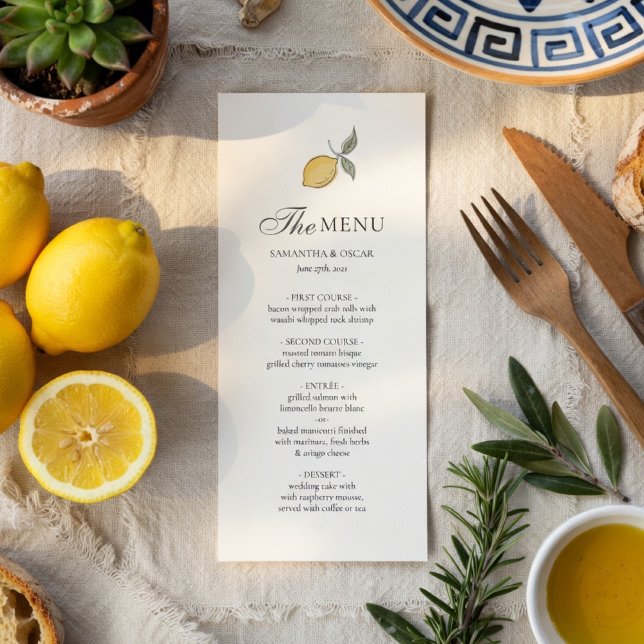 Tarjeta de menú de boda de limón | Costa Amalfitan (Subido por el creador)
