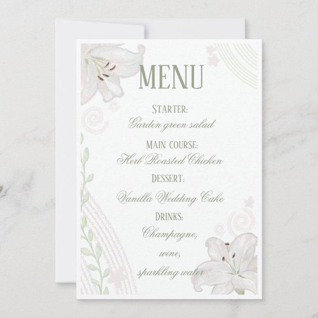 Tarjeta de menú de boda de Lirio Blanco dibujado a (Anverso)