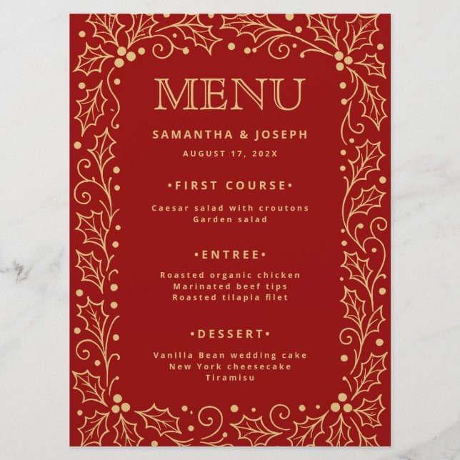 Tarjeta de menú de boda de lujo roja y dorada anti (Anverso)