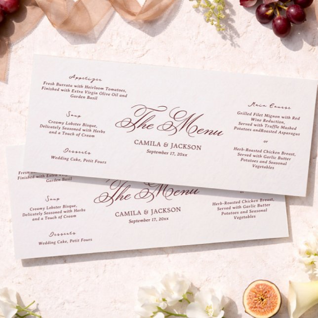 Tarjeta de menú de boda de marfil y burdeos (Subido por el creador)