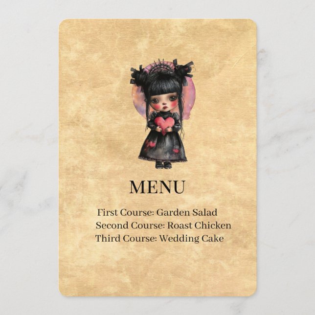 Tarjeta de menú de boda de muñeca gótica (Anverso)