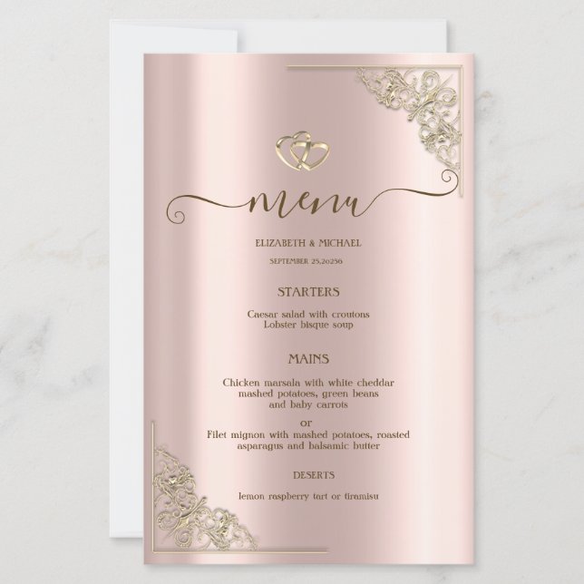 Tarjeta de menú de boda de oro rosa con corazones  (Anverso)