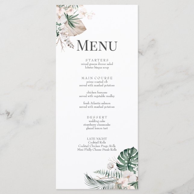 Tarjeta de menú de boda de Orquídea Tropical Boho  (Anverso)