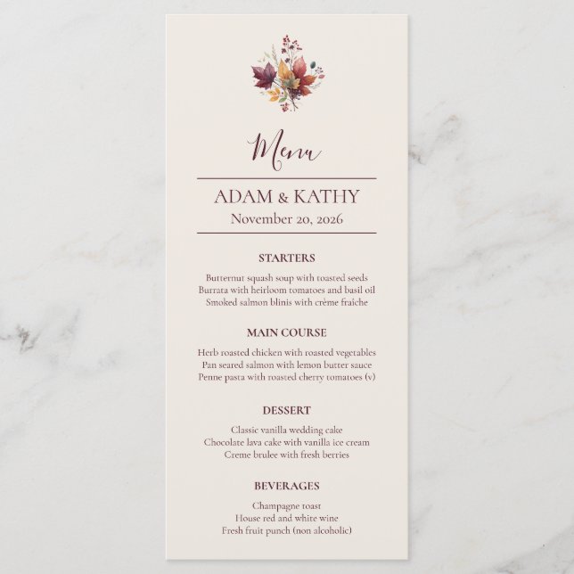Tarjeta de menú de boda de otoño con hoja de arce  (Anverso)