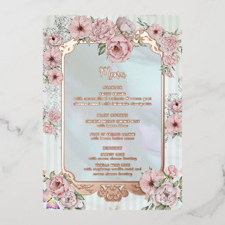 Tarjeta de menú de boda de papel de aluminio con p
