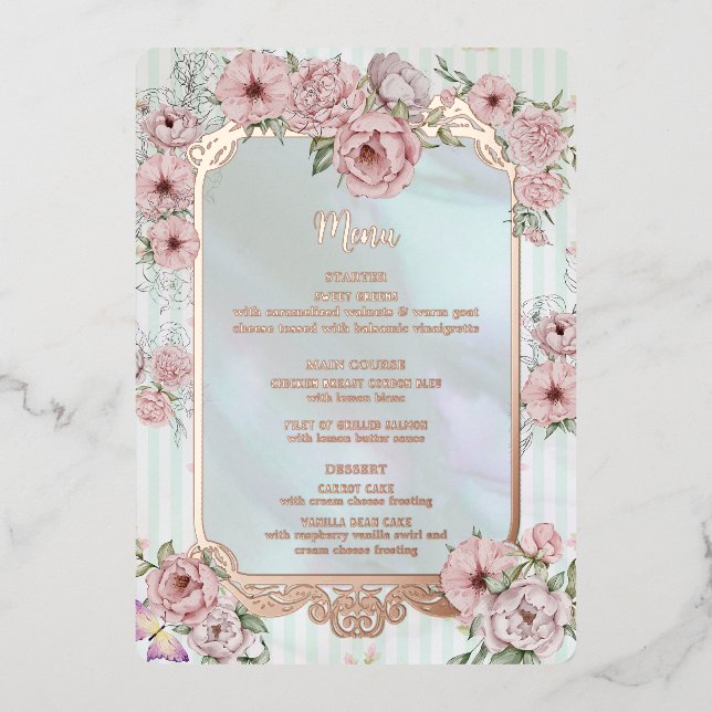 Tarjeta de menú de boda de papel de aluminio con p (Anverso)