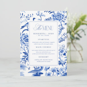 Tarjeta de menú de boda de pavón floral azul Chino