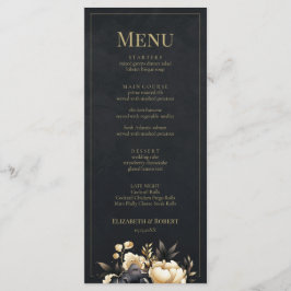 Tarjeta de menú de boda de peonía negra y dorada