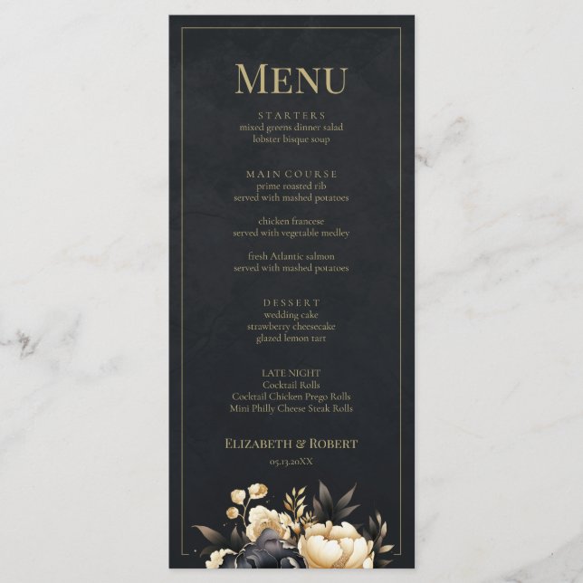 Tarjeta de menú de boda de peonía negra y dorada (Anverso)