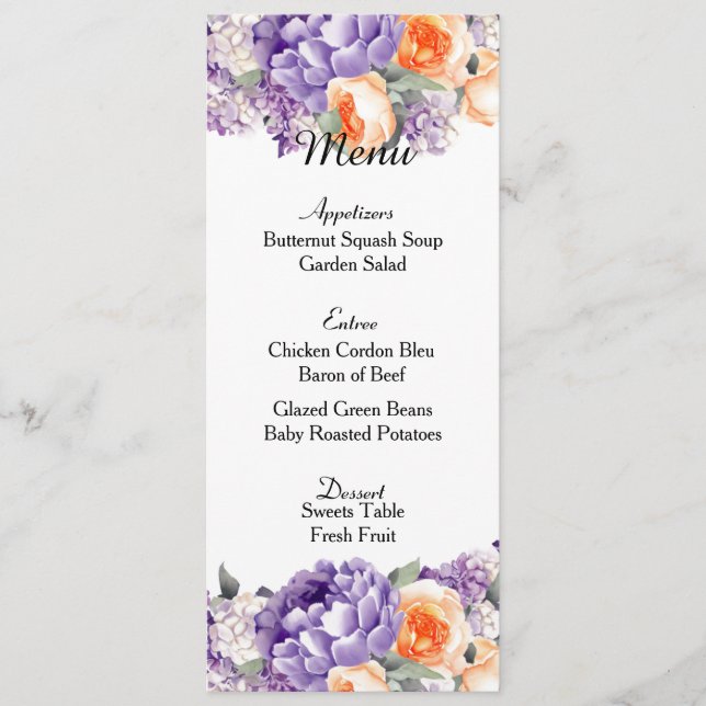 Tarjeta de menú de boda de peonías malva polvorien (Anverso)