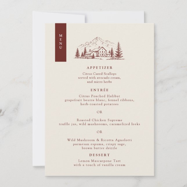 Tarjeta de menú de boda de pino de Borgoña (Anverso)