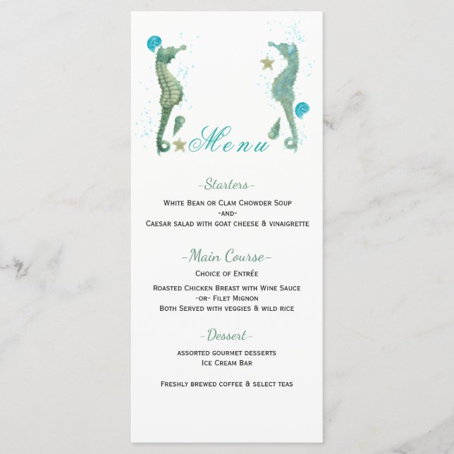Tarjeta de menú de boda de playa con caballitos de (Anverso)