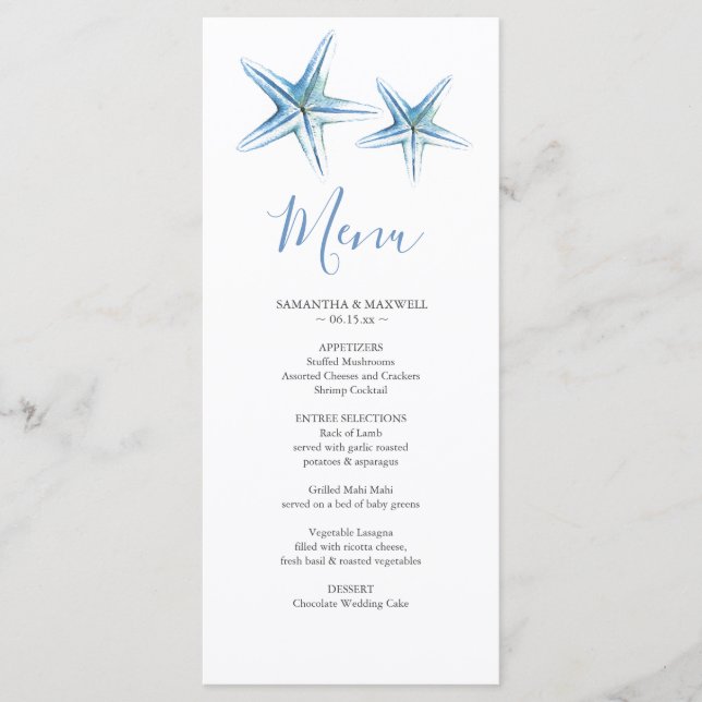Tarjeta de menú de boda de playa con estrella de m (Anverso)