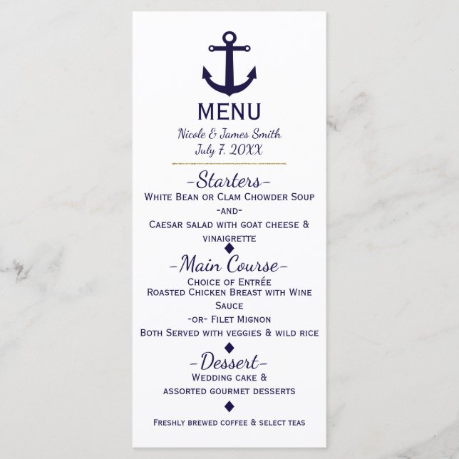 Tarjeta de menú de boda de playa náutica Blue Anch (Anverso)