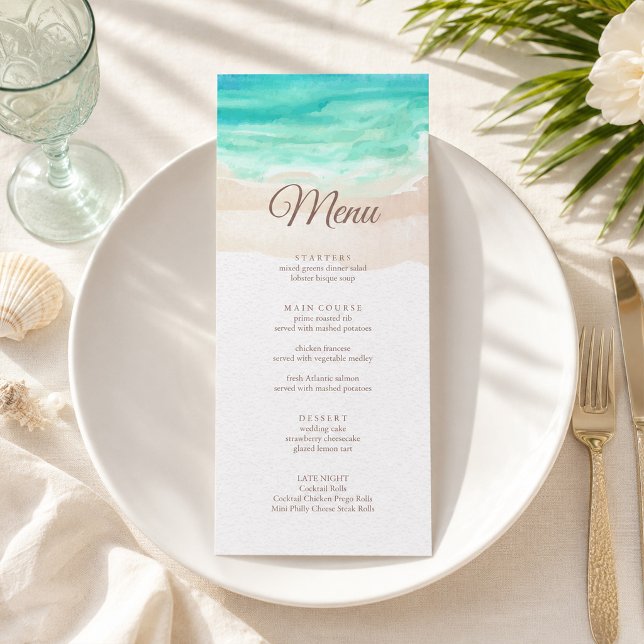 Tarjeta de menú de boda de playa tropical con acua (Watercolor Tropical Beach Wedding Menu Card)