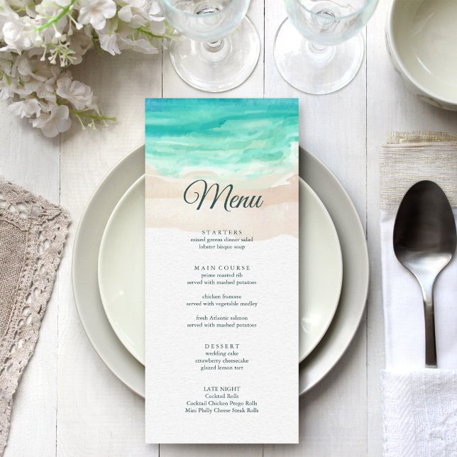Tarjeta de menú de boda de playa tropical con acua (Watercolor Tropical Beach Wedding Menu on white wedding dinner table)