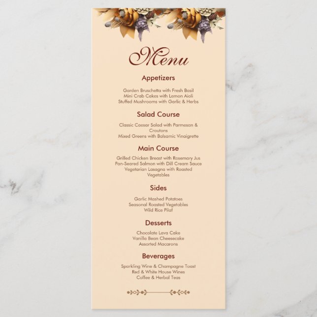 Tarjeta de menú de boda de romance clásico (Anverso)