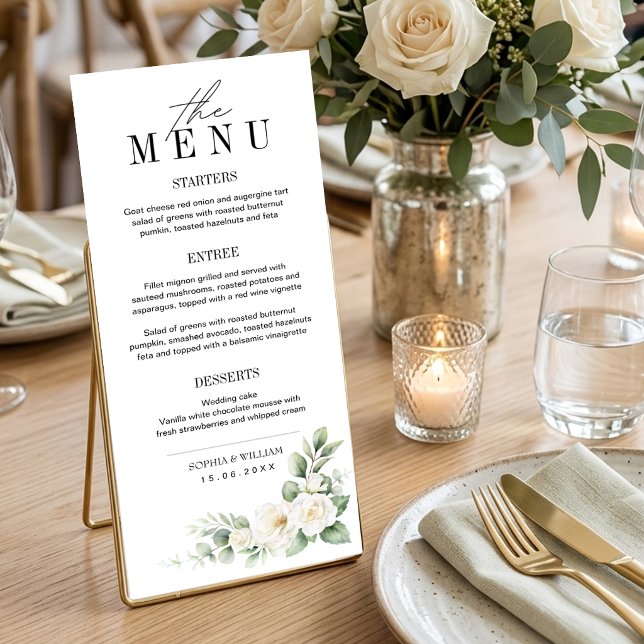 Tarjeta de menú de boda de rosa blanca y follaje (Subido por el creador)