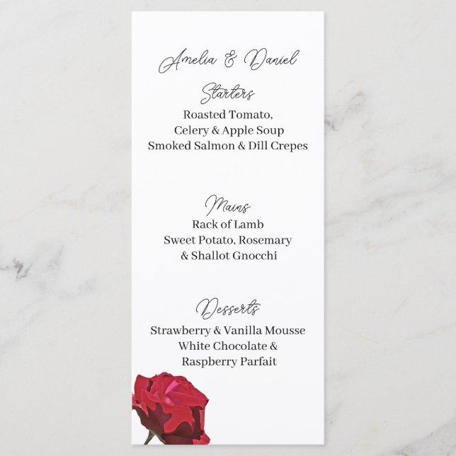 Tarjeta de menú de boda de rosa roja (Anverso)