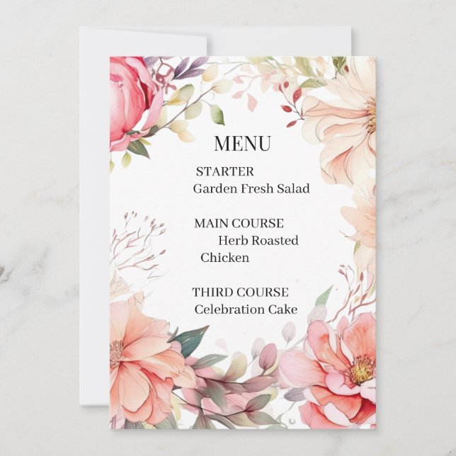 Tarjeta de menú de boda de rosa romántica (Anverso)