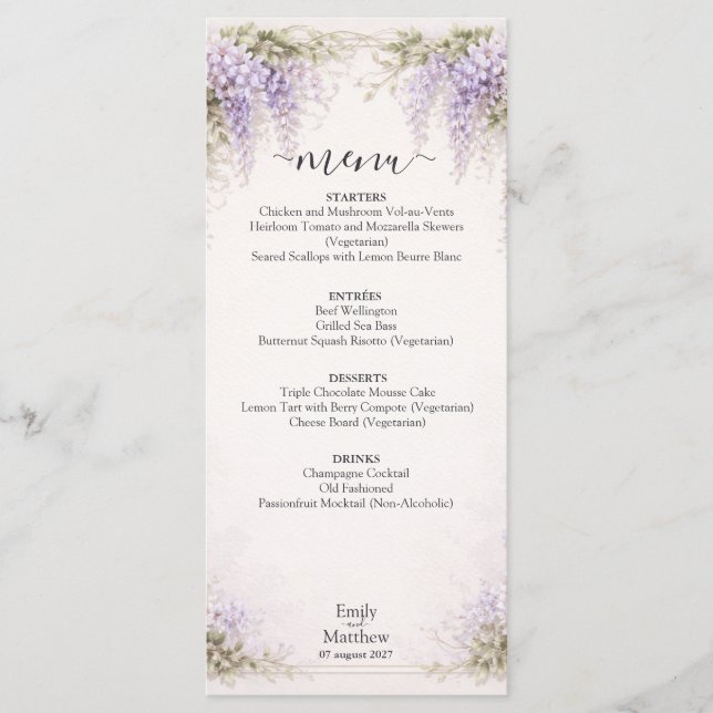 Tarjeta de Menú de Boda de Wisteria Regencia (Anverso)