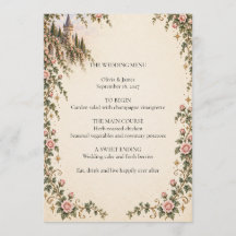 Tarjeta de menú de boda del castillo de cuento de