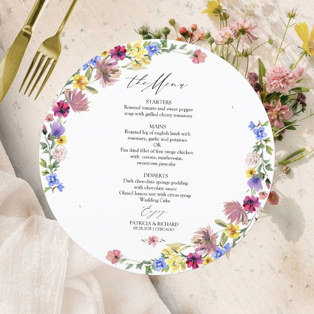 Tarjeta de menú de boda del círculo de flores silv (Subido por el creador)