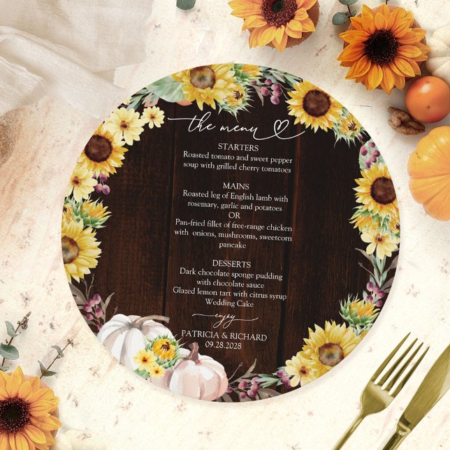 Tarjeta de menú de boda del círculo de girasoles y (Subido por el creador)
