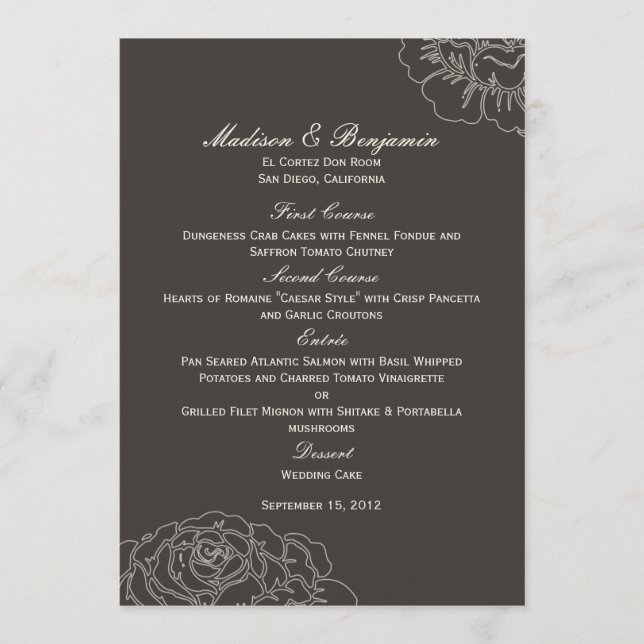 Tarjeta de menú de boda del jardín Rosa - Carbón (Anverso)