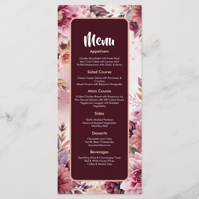 Tarjeta de menú de boda Elegancia floral Sueños Bo (Anverso)