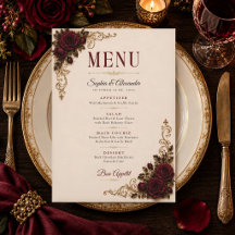Tarjeta de menú de boda Elegant Gothic Roses Burgu