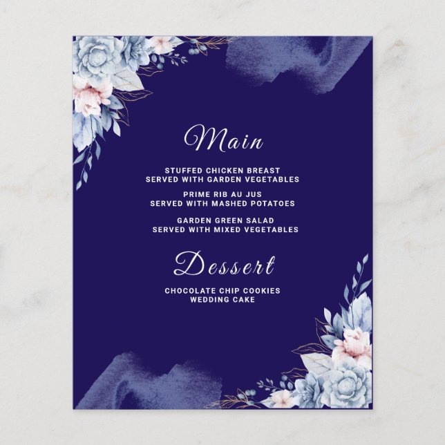 Tarjeta de menú de boda elegante azul marino (Anverso)