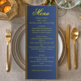 Tarjeta de menú de boda elegante azul marino y dor