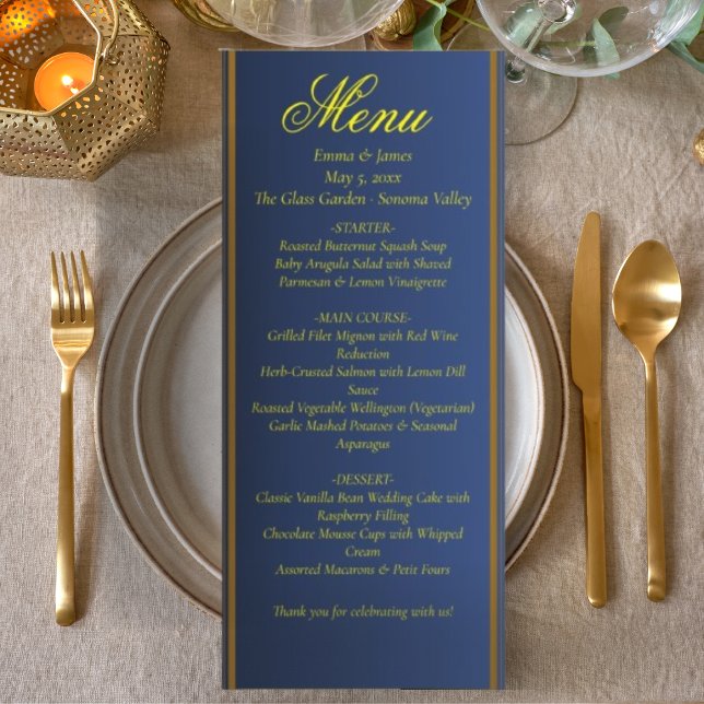Tarjeta de menú de boda elegante azul marino y dor (Subido por el creador)