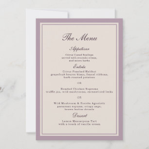 Tarjeta de menú de boda elegante ciruela malva