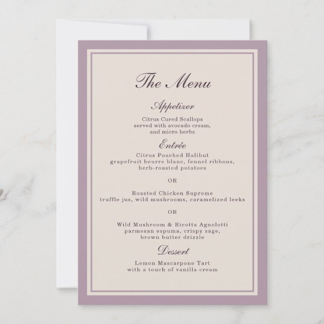 Tarjeta de menú de boda elegante ciruela malva (Anverso)