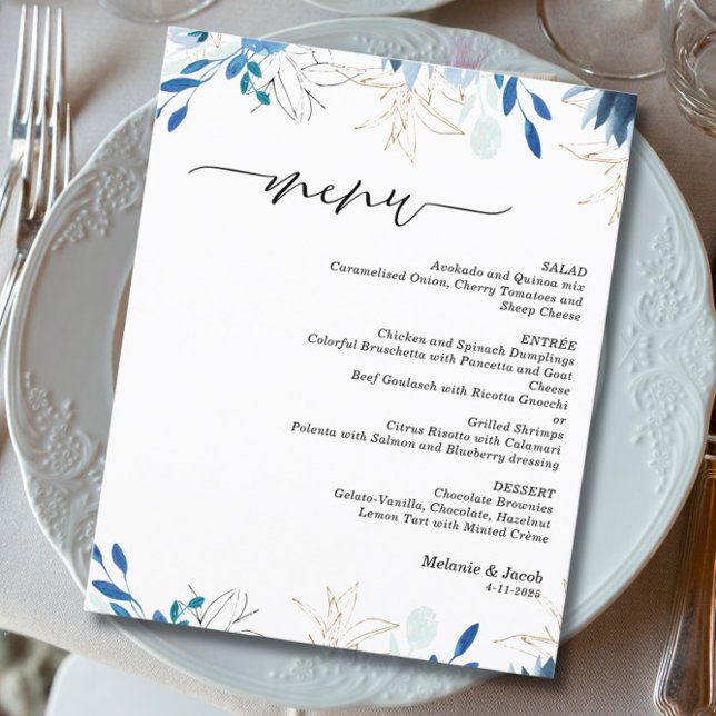 Tarjeta de menú de boda elegante con hojas azules (Subido por el creador)