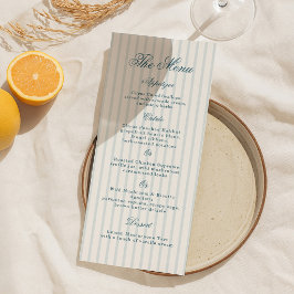 Tarjeta de menú de boda elegante con raya azul náu