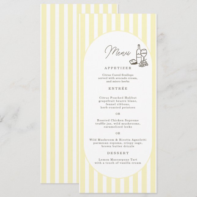 Tarjeta de menú de boda elegante con rayas amarill (Anverso / Reverso)